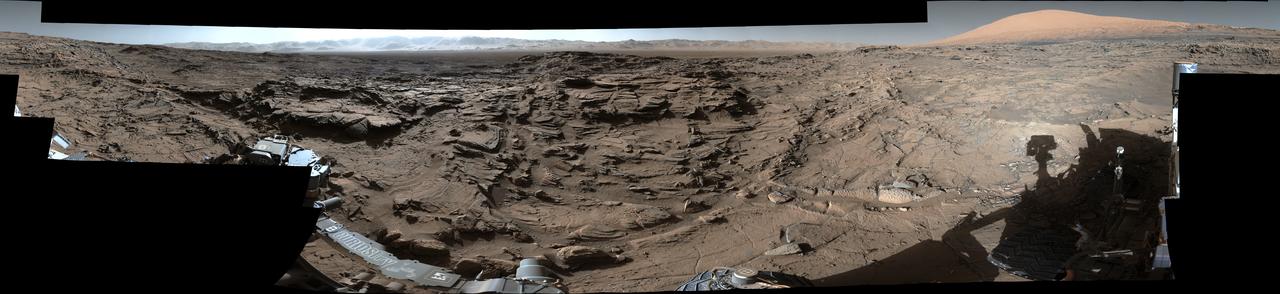 This mid-afternoon, 360-degree panorama was acquired by NASA Curiosity Mars rover on April 4, 2016, as part of long-term campaign to document the context and details of the geology and landforms along Curiosity traverse inside Gale Crater.