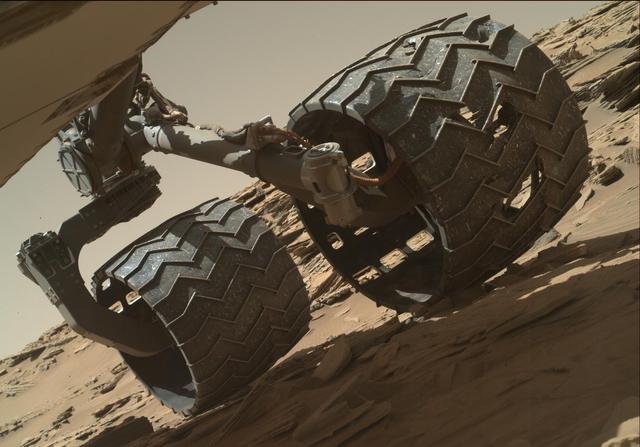 The team operating NASA Curiosity Mars rover uses the Mars Hand Lens Imager MAHLI camera on the rover arm to check the condition of the wheels at routine intervals.