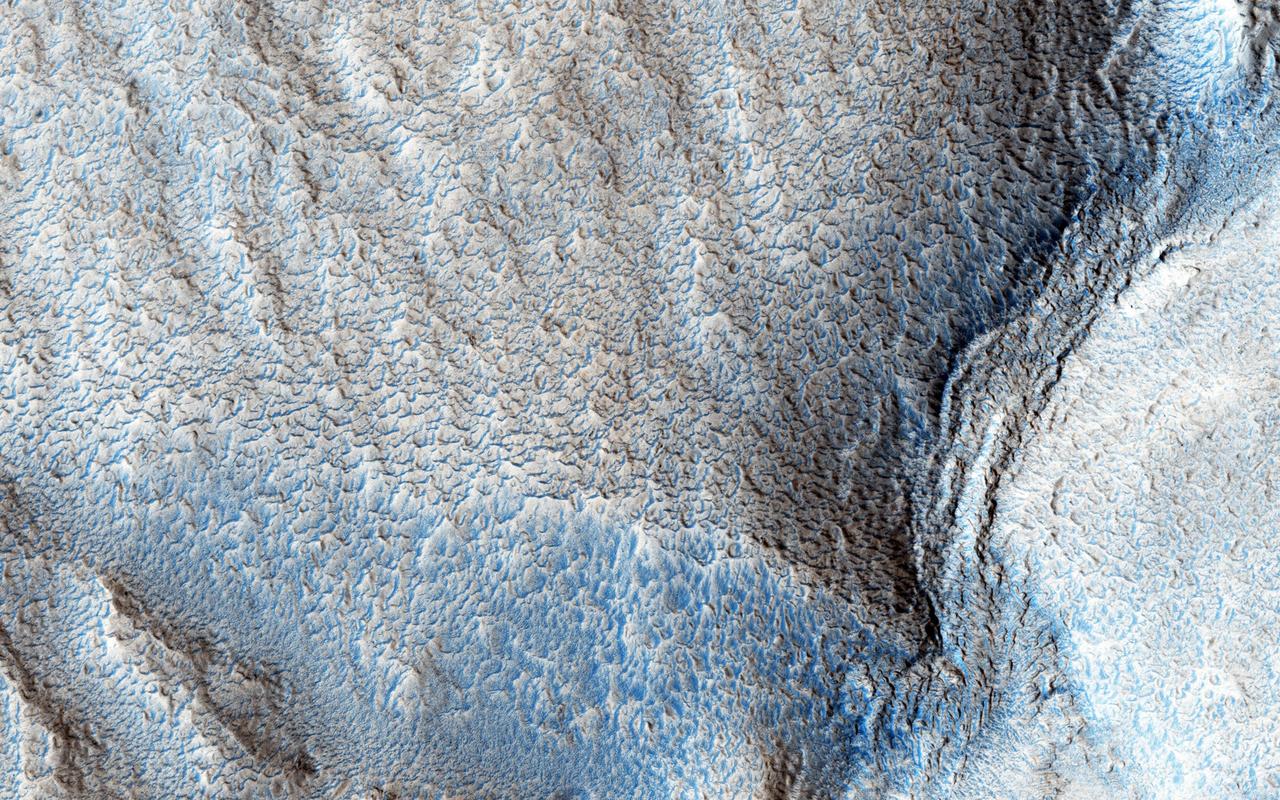 Early in Martian history, liquid water energetically carved the surface, forming channel systems that look remarkably similar to river valleys and drainage networks on Earth. Exactly how these channels formed -- by rainfall, snowmelt, or seepage from underground springs -- is often debated. The answer has important ramifications about the early Martian climate. Clues about the source of the water may indicate the shape, layout, and scale of the various tributaries in a channel system. Our image shows an example of just such a water-carved channel. The channel pattern, called "dendritic" because of its tree-like branching, begins at the top of the image and runs down over the rim of an ancient impact basin across the basin floor. The soil surface overlying these channels, and indeed the entire landscape, has been changed and reworked over the intervening millions of years, by the combined actions of wind and ice. Over time, the original channels become muted or even erased. Nevertheless, some characteristics of the smallest tributary channels are still visible at scales seen by HiRISE. http://photojournal.jpl.nasa.gov/catalog/PIA20337