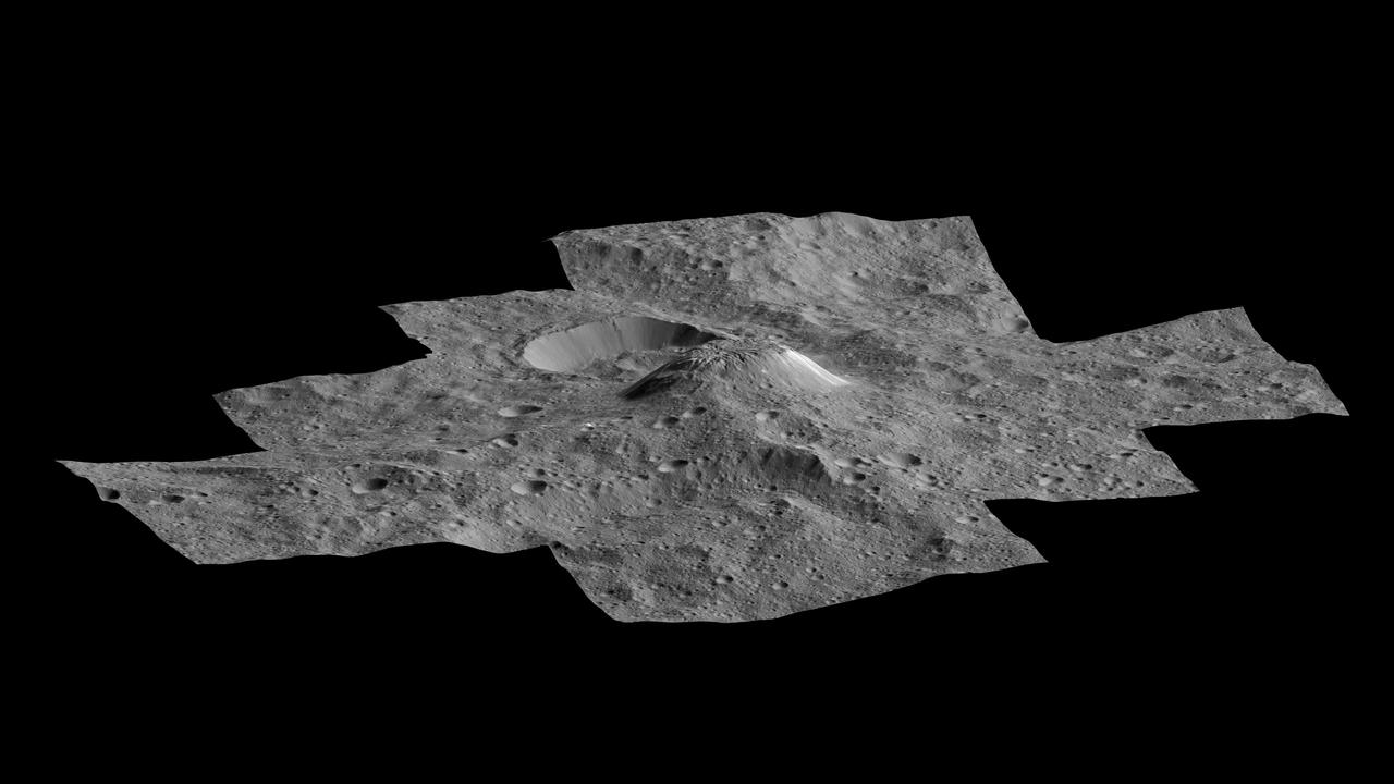 This side-perspective view of Ceres mysterious mountain Ahuna Mons was made with images from NASA Dawn spacecraft. Dawn took these images in December 2015.