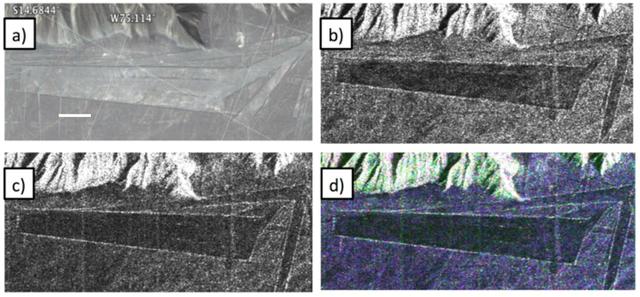Different visualizations of an area with geometric geoglyphs at the Nasca World Heritage Site in Peru as seen by NASA Uninhabited Aerial Vehicle Synthetic Aperture Radar UAVSAR.
