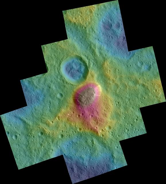 NASA image: Dawn Color Topography of Ahuna Mons on Ceres