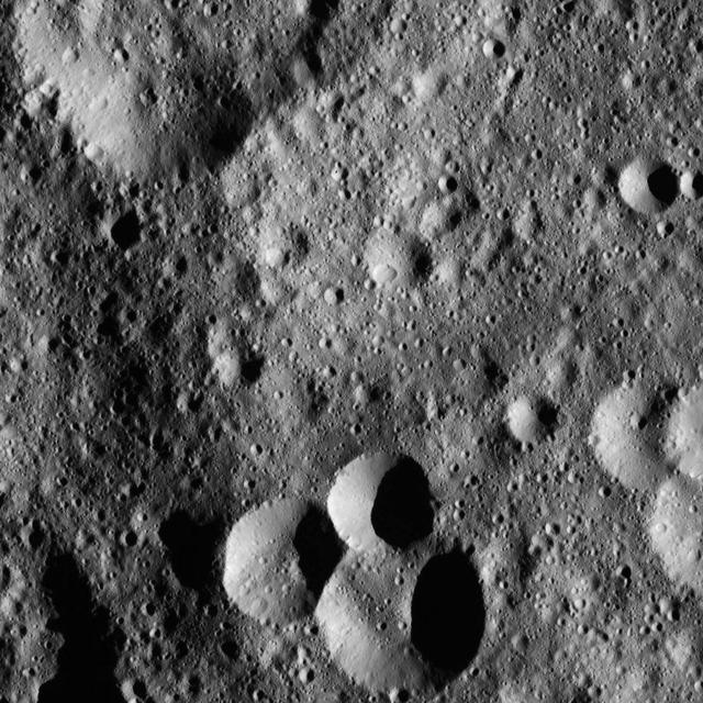 This image, taken by NASA Dawn spacecraft, shows a variety of small craters in the northern hemisphere of Ceres. The majority of Ceres images from Dawn show heavily cratered terrains such as this.