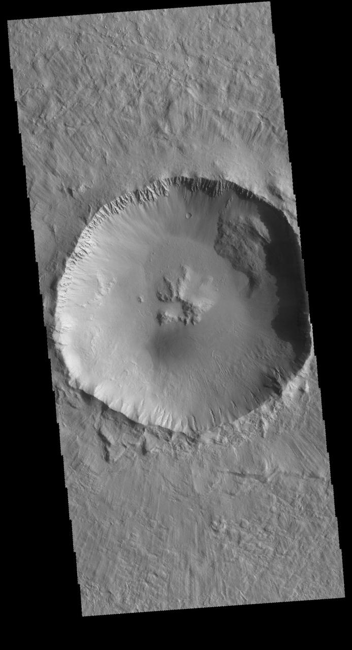 This image captured by NASA 2001 Mars Odyssey spacecraft shows an unnamed crater located northwest of Elysium Mons. This crater contains a central pit, which formed at the time of impact.
