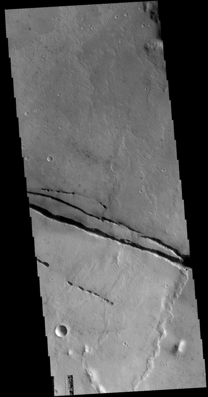 This image captured by NASA 2001 Mars Odyssey spacecraft shows Cerberus Fossae, a group of graben located near the southern part of Tartarus Montes.