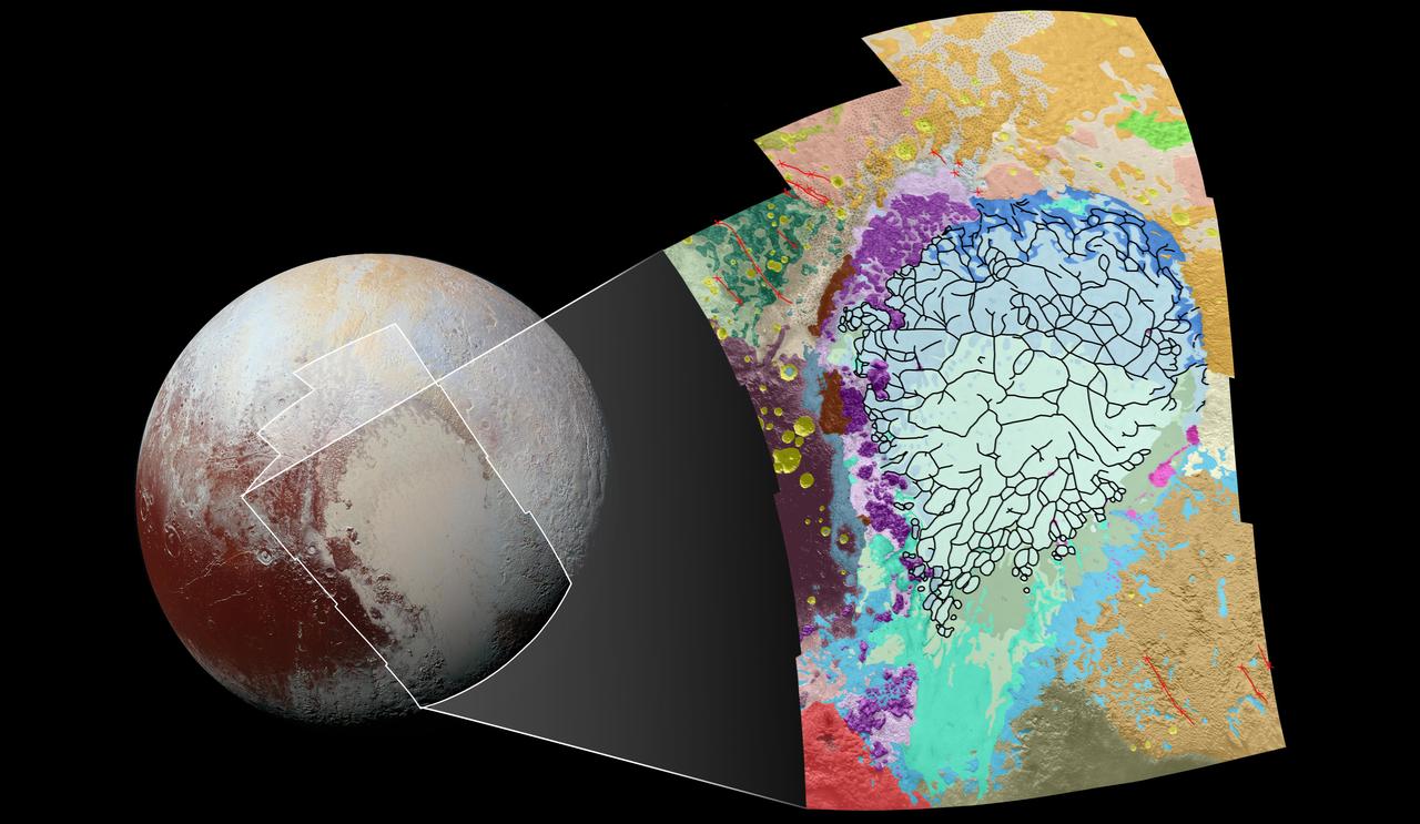 This geological map covers a portion of Pluto's surface that measures 1,290 miles (2,070 kilometers) from top to bottom, and includes the vast nitrogen-ice plain informally named Sputnik Planum and surrounding terrain. The map is overlain with colors that represent different geological terrains. Each terrain, or unit, is defined by its texture and morphology -- smooth, pitted, craggy, hummocky or ridged, for example. How well a unit can be defined depends on the resolution of the images that cover it. All of the terrain in this map has been imaged at a resolution of approximately 1,050 feet (320 meters) per pixel or better, meaning scientists can map units with relative confidence. The various blue and greenish units that fill the center of the map represent different textures seen across Sputnik Planum, from the cellular terrain in the center and north, to the smooth and pitted plains in the south. The black lines represent the troughs that mark the boundaries of cellular regions in the nitrogen ice. The purple unit represents the chaotic, blocky mountain ranges that line Sputnik's western border, and the pink unit represents the scattered, floating hills at its eastern edge. The possible cryovolcanic feature informally named Wright Mons is mapped in red in the southern corner of the map. The rugged highlands of the informally named Cthulhu Regio is mapped in dark brown along the western edge, and is pockmarked by many large impact craters, mapped in yellow. The base map for this geologic map is a mosaic of 12 images obtained by the Long Range Reconnaissance Imager (LORRI) at a resolution of 1,280 feet (about 390 meters) per pixel. The mosaic was obtained at a range of approximately 48,000 miles (77,300 kilometers) from Pluto, about an hour and 40 minutes before New Horizons' closest approach on July 14, 2015. http://photojournal.jpl.nasa.gov/catalog/PIA20465