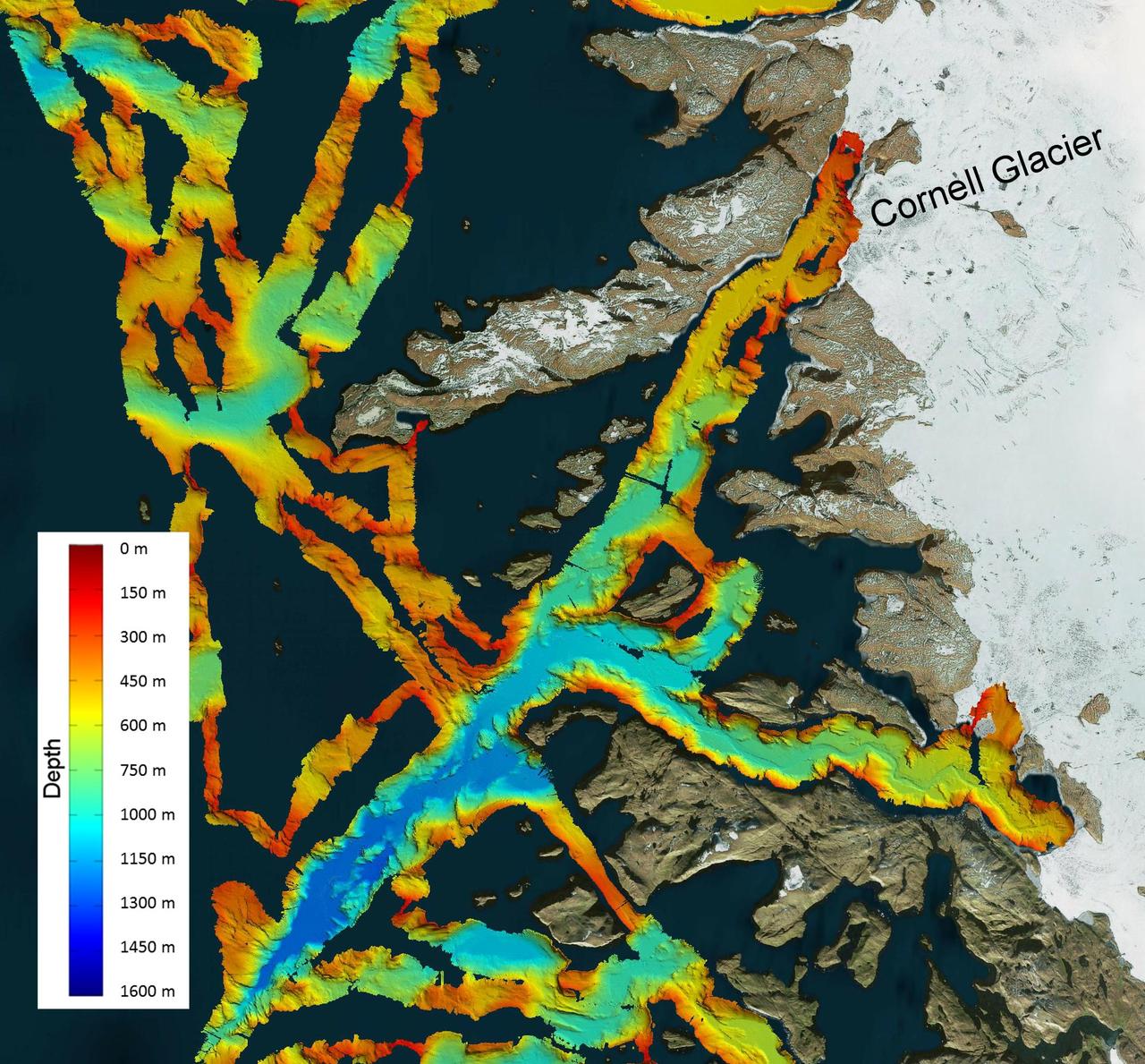 This image shows a region of the sea floor off the coast of northwest Greenland mapped as part of NASA Oceans Melting Greenland OMG mission. The data shown here will be used to understand the pathways by which warm water can reach glacier edges.