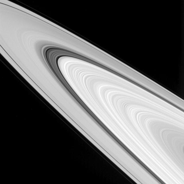 This view from NASA's Cassini spacecraft showcases some of the amazingly detailed structure of Saturn's rings.  The rings are made up of many smaller ringlets that blur together when seen from a distance. But when imaged up close, the rings' structures display quite a bit of variation. Ring scientists are debating the nature of these features -- whether they have always appeared this way or if their appearance has evolved over time.  This view looks toward the sunlit side of the rings from about 4 degrees above the ring plane. The image was taken in visible light with the Cassini spacecraft wide-angle camera on Sept. 24, 2016.  The view was acquired at a distance of approximately 283,000 miles (456,000 kilometers) from Saturn and at a Sun-Saturn-spacecraft, or phase, angle of 32 degrees. Image scale is 17 miles (27 kilometers) per pixel.  http://photojournal.jpl.nasa.gov/catalog/PIA20506