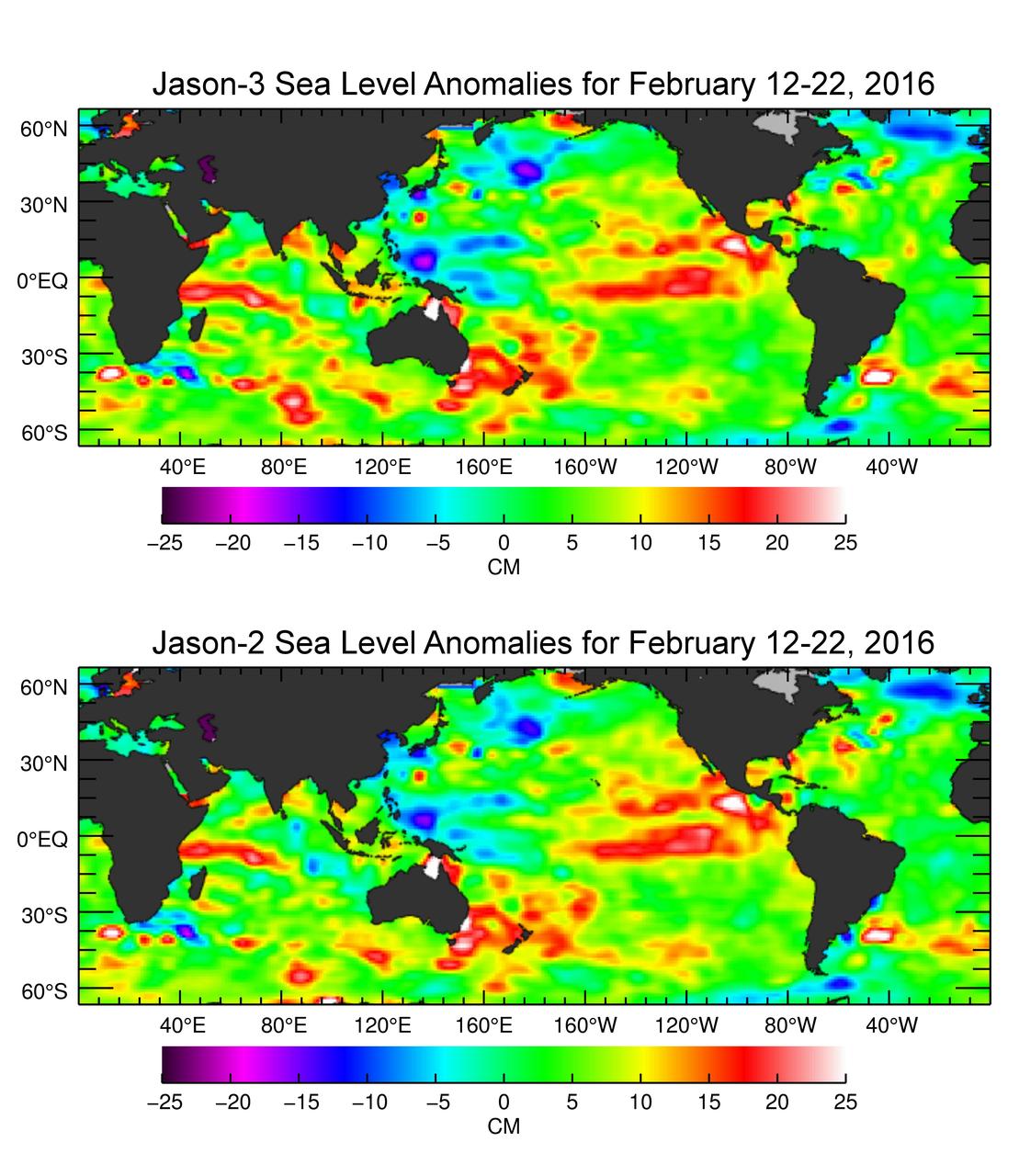 The U.S./European Jason-3 satellite has produced its first map of sea surface height, which corresponds well to data from its predecessor, Jason-2. Higher-than-normal sea levels are red; lower-than-normal sea levels are blue. El Niño is visible as the red blob in the eastern equatorial Pacific.  Extending the timeline of ocean surface topography measurements begun by the Topex/Poseidon and Jason 1 and 2 satellites, Jason 3 will make highly detailed measurements of sea-level on Earth to gain insight into ocean circulation and climate change.   http://photojournal.jpl.nasa.gov/catalog/PIA20532