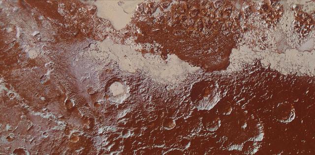This enhanced color view of Pluto's surface diversity was created by merging Ralph/Multispectral Visible Imaging Camera (MVIC) color imagery (650 meters per pixel) with Long Range Reconnaissance Imager panchromatic imagery (230 meters per pixel). At lower right, ancient, heavily cratered terrain is coated with dark, reddish tholins. At upper right, volatile ices filling the informally named Sputnik Planum have modified the surface, creating a chaos-like array of blocky mountains. Volatile ice also occupies a few nearby deep craters, and in some areas the volatile ice is pocked with arrays of small sublimation pits. At left, and across the bottom of the scene, gray-white CH4 ice deposits modify tectonic ridges, the rims of craters, and north-facing slopes. The scene in this image is 260 miles (420 kilometers) wide and 140 miles (225 kilometers) from top to bottom; north is to the upper left.   http://photojournal.jpl.nasa.gov/catalog/PIA20534