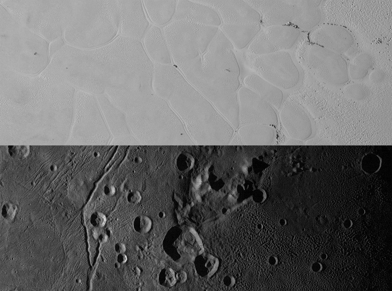 New Horizons views of the informally named Sputnik Planum on Pluto (top) and the informally named Vulcan Planum on Charon (bottom). Both scale bars measure 20 miles (32 kilometers) long; illumination is from the left in both instances. The Sputnik Planum view is centered at 11°N, 180°E, and covers the bright, icy, geologically cellular plains. Here, the cells are defined by a network of interconnected troughs that crisscross these nitrogen-ice plains. At right, in the upper image, the cellular plains yield to pitted plains of southern Sputnik Planum. This observation was obtained by the Ralph/Multispectral Visible Imaging Camera (MVIC) at a resolution of 1,050 feet (320 meters) per pixel. The Vulcan Planum view in the bottom panel is centered at 4°S, 4°E, and includes the "moated mountain" Clarke Mons just above the center of the image. As well as featuring impact craters and sinuous troughs, the water ice-rich plains display a range of surface textures, from smooth and grooved at left, to pitted and hummocky at right. This observation was obtained by the Long Range Reconnaissance Imager (LORRI) at a resolution of 525 feet (160 meters) per pixel.  http://photojournal.jpl.nasa.gov/catalog/PIA20535