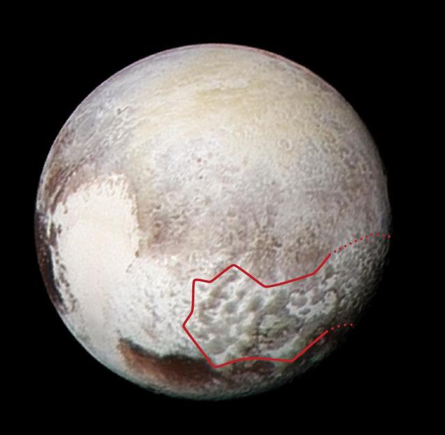 The red outline in this global view of Pluto from NASA New Horizons marks the large area of mysterious, bladed terrain extending from the eastern section of the large feature informally named Tombaugh Regio.