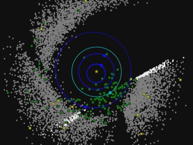 This frame from a movie shows the progression of NASA Near-Earth Object Wide-field Survey Explorer NEOWISE investigation for the mission first two years following its restart in December 2013. Green circles represent near-Earth objects.