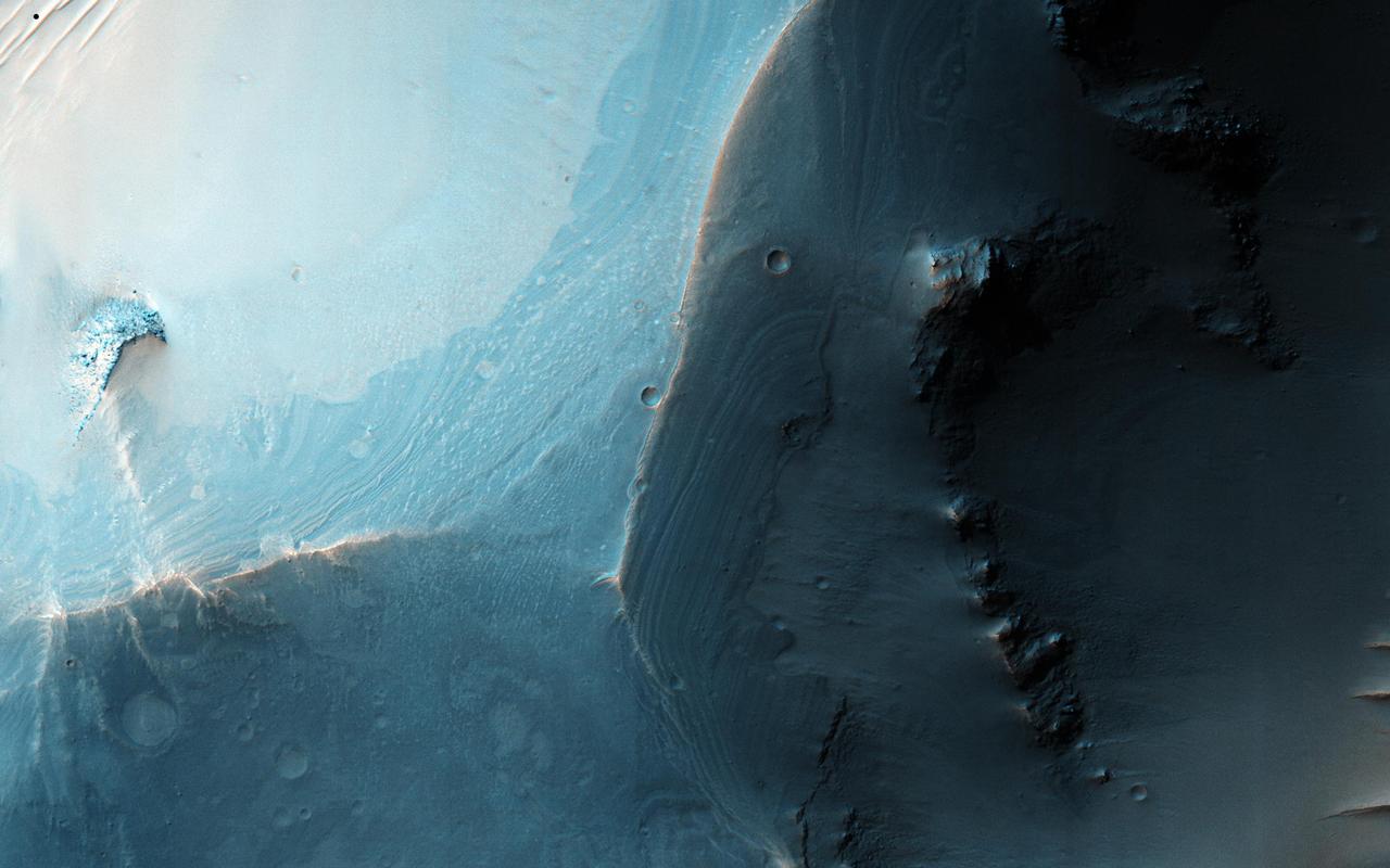 This image shows a set of coalesced collapse pits in western Valles Marineris as seen by NASA Mars Reconnaissance Orbiter. Fine layers are exposed in the walls of the pits, and in some places those layers are displaced by faults.