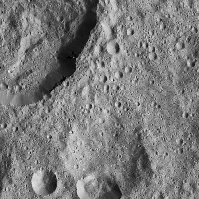 This image from NASA Dawn spacecraft of Ceres shows a portion of a large crater with prominent spurs of compacted material and gullies along its rim.