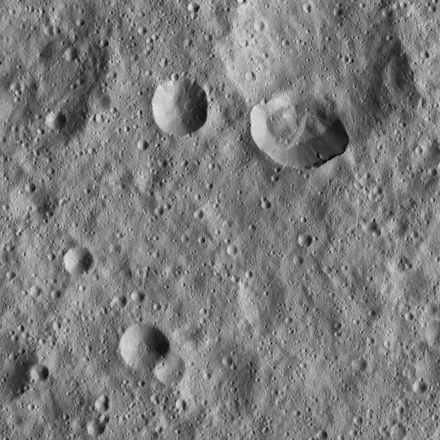 Ceres densely cratered landscape is revealed in this image taken by the framing camera aboard NASA Dawn spacecraft. The craters show various degrees of degradation. The youngest craters have sharp rims.