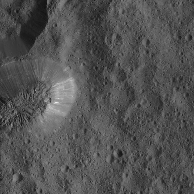 Ceres densely cratered landscape is revealed in this image taken by the framing camera aboard NASA Dawn spacecraft. The craters show various degrees of degradation. The youngest craters have sharp rims.