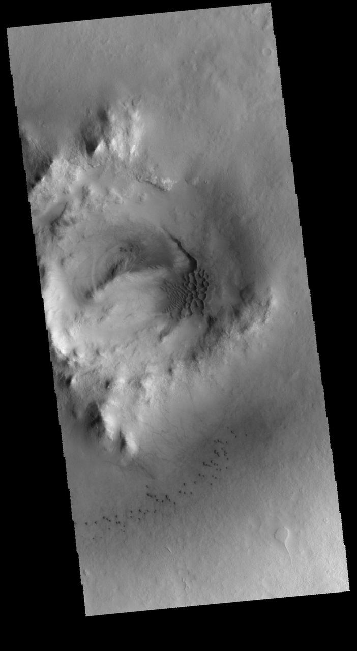 This image captured by NASA 2001 Mars Odyssey spacecraft shows part of the interior of Milankovic Crater.