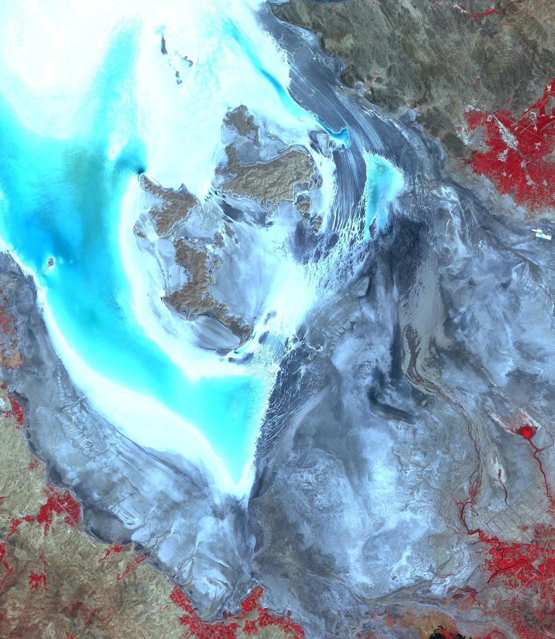 This image from NASA Terra spacecraft shows Lake Urmia, a saline lake in northwestern Iran.