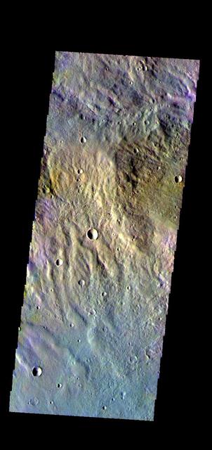 The THEMIS camera contains 5 filters. The data from different filters can be combined in multiple ways to create a false color image. This image from NASA 2001 Mars Odyssey spacecraft shows part of Eridania Planitia.