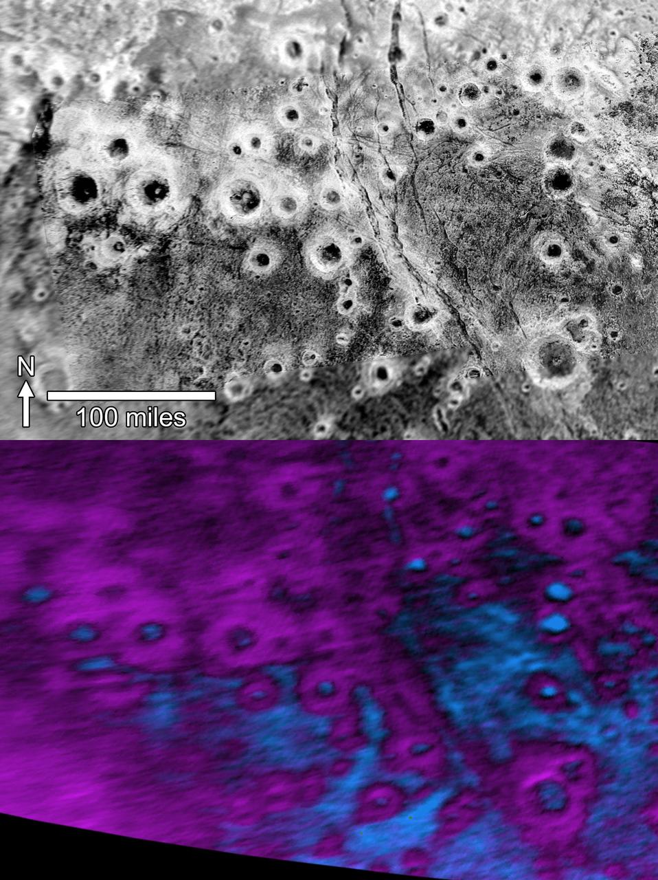 Within Pluto informally named Vega Terra region is a field of eye-catching craters that looks like a cluster of bright halos scattered across a dark landscape as seen by NASA New Horizons.