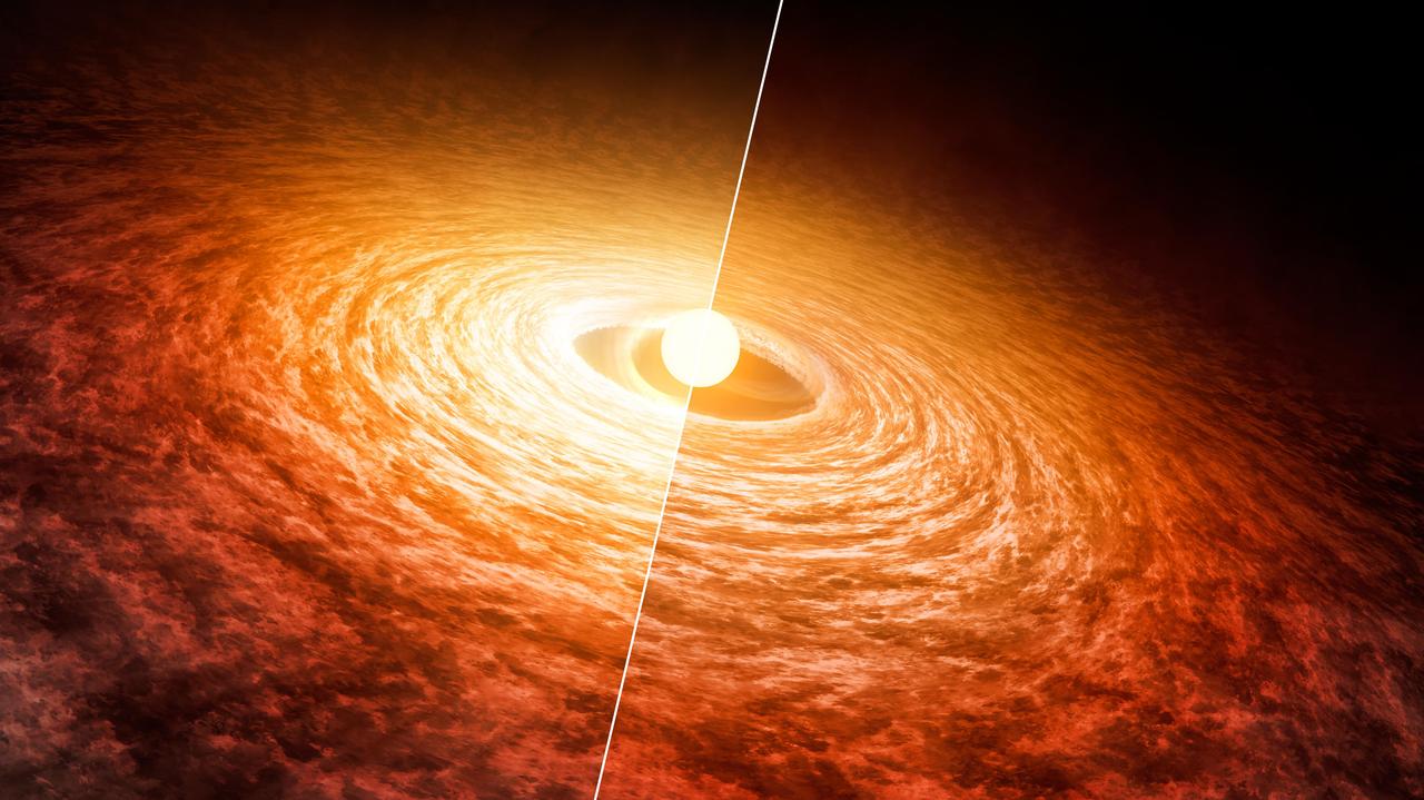 This artist's concept illustrates how the brightness of outbursting star FU Orionis has been slowly fading since its initial flare-up in 1936. The star is pictured with the disk of material that surrounds it. Researchers found that it has dimmed by about 13 percent at short infrared wavelengths from 2004 (left) to 2016 (right).  The 2004 data were collected with NASA's Spitzer Space Telescope, and the 2016 data were collected with the Stratospheric Observatory for Infrared Astronomy (SOFIA).  FU Orionis is a few hundred thousand years old. It is possible that when our sun was younger, it also went through a period of intense brightening followed by dimming.  These results were presented at the American Astronomical Society meeting in June 2016 in San Diego.  http://photojournal.jpl.nasa.gov/catalog/PIA20689