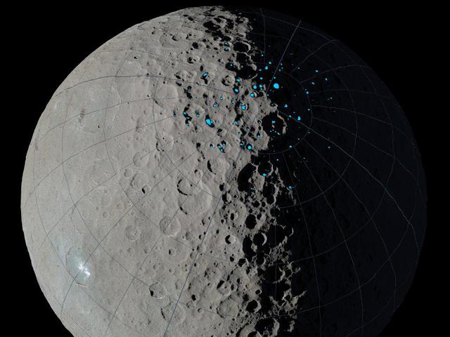 At the poles of Ceres, scientists have found craters that are permanently in shadow (indicated by blue markings). Such craters are called "cold traps" if they remain below about minus 240 degrees Fahrenheit (minus 151 degrees Celsius). These shadowed craters may have been collecting ice for billions of years because they are so cold.  This image was created using data from NASA's Dawn spacecraft.  http://photojournal.jpl.nasa.gov/catalog/PIA20696