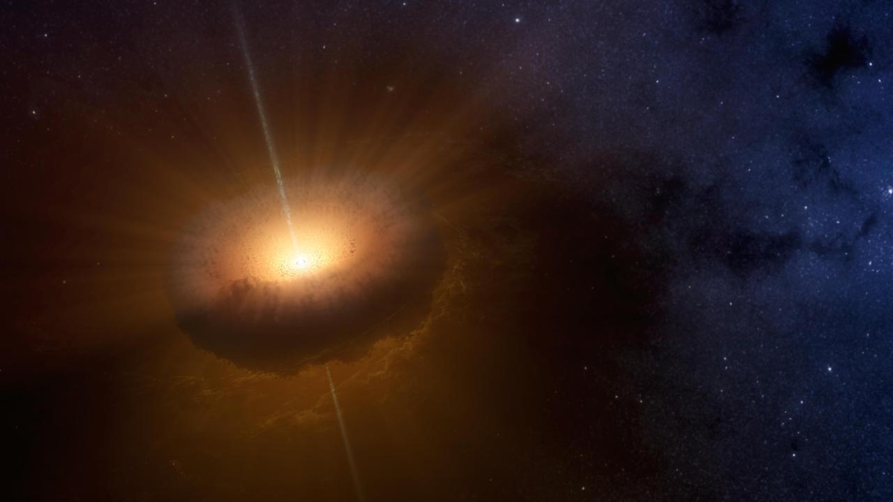 This artist's concept shows an unusual celestial object called CX330 was first detected as a source of X-ray light in 2009 by NASA's Chandra X-Ray Observatory while it was surveying the bulge in the central region of the Milky Way. A 2016 study in the Monthly Notices of the Royal Astronomical Society found that CX330 is the most isolated young star that has been discovered. Researchers compared NASA's Wide-field Infrared Survey Explorer (WISE) data from 2010 with NASA's Spitzer Space Telescope data from 2007 to come to this conclusion.  CX330 is not near any star-forming region. As of the most recent observation, which was August 2015, this object was outbursting, meaning it was launching "jets" of material that slam into the gas and dust around it. Astronomers plan to continue studying the object, including with future telescopes that could view CX330 in other wavelengths of light.   http://photojournal.jpl.nasa.gov/catalog/PIA20700