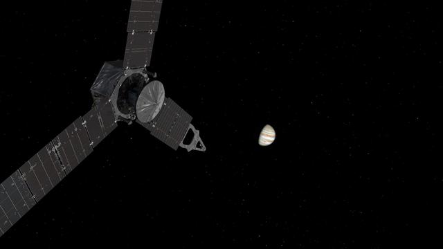 This illustration depicts NASA Juno spacecraft approaching Jupiter.  http://photojournal.jpl.nasa.gov/catalog/PIA20702