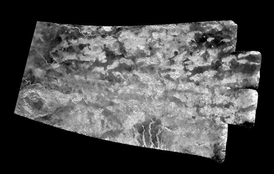 This synthetic-aperture radar (SAR) image was obtained by NASA's Cassini spacecraft on July 25, 2016, during its 'T-121' pass over Titan's southern latitudes.  The improved contrast provided by the denoising algorithm helps river channels (at bottom and upper left) stand out, as well as the crater-like feature at left.  The image shows an area nicknamed the "Xanadu annex" by members of the Cassini radar team, earlier in the mission. This area had not been imaged by Cassini's radar until now, but measurements of its brightness temperature from Cassini's microwave radiometer were quite similar to that of the large region on Titan named Xanadu.  Cassini's radiometer is essentially a very sensitive thermometer, and brightness temperature is a measure of the intensity of microwave radiation received from a feature by the instrument.  Radar team members predicted at the time that, if this area were ever imaged, it would be similar in appearance to Xanadu, which lies just to the north. That earlier hunch appears to have been borne out, as features in this scene bear a strong similarity to the mountainous terrains Cassini's radar has imaged in Xanadu.  Xanadu -- and now perhaps its annex -- remains something of a mystery. First imaged in 1994 by the Hubble Space Telescope (just three years before Cassini's launch from Earth), Xanadu was the first surface feature to be recognized on Titan. Once thought to be a raised plateau, the region is now understood to be slightly tilted, but not higher than, the darker surrounding regions. It blocks the formation of sand dunes, which otherwise extend all the way around Titan at its equator.  The image was taken by the Cassini Synthetic Aperture radar (SAR) on July 25, 2016 during the mission's 122nd targeted Titan encounter. The image has been modified by the denoising method described in A. Lucas, JGR:Planets (2014).  http://photojournal.jpl.nasa.gov/catalog/PIA20714