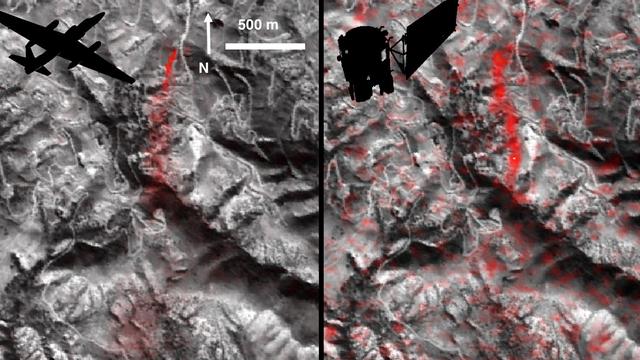 Atmospheric methane is a potent greenhouse gas, but the percentage of it produced through human activities is still poorly understood. Future instruments on orbiting satellites can help address this issue by surveying human-produced methane emissions. Recent data from the Aliso Canyon event, a large accidental methane release near Porter Ranch, California, demonstrates this capability. The Hyperion imaging spectrometer onboard NASA's EO-1 satellite successfully detected this release event on three different overpasses during the winter of 2015-2016. This is the first time the methane plume from a single facility has been observed from space. The orbital observations were consistent with airborne measurements.  This image pair shows a comparison of detected methane plumes over Aliso Canyon, California, acquired 11 days apart in Jan. 2016 by: (left) NASA's AVIRIS instrument on a NASA ER-2 aircraft at 4.1 miles (6.6 kilometers) altitude and (right) by the Hyperion instrument on NASA's Earth Observing-1 satellite in low-Earth orbit. The additional red streaks visible in the EO-1 Hyperion image result from measurement noise -- Hyperion was not specifically designed for methane sensing and is not as sensitive as AVIRIS-NG. Additionally, the EO-1 satellite's current orbit provided poor illumination conditions. Future instruments with much greater sensitivity on orbiting satellites can survey the biggest sources of human-produced methane around the world.   http://photojournal.jpl.nasa.gov/catalog/PIA20716