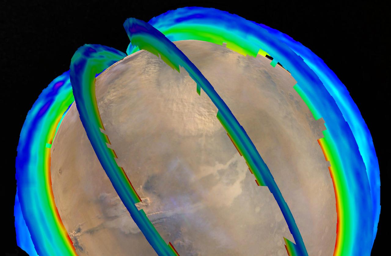 This graphic overlays Martian atmospheric temperature data as curtains over an image of Mars taken during a regional dust storm. The temperature profiles extend from the surface to about 50 miles (80 kilometers) up. Temperatures are color coded, ranging from minus 243 degrees Fahrenheit (minus 153 degrees Celsius) where coded purple to minus 9 F (minus 23 C) where coded red.  The temperature data and global image were both recorded on Oct. 18, 2014, by instruments on NASA's Mars Reconnaissance Orbiter: Mars Climate Sounder and Mars Color Imager. On that day a regional dust storm was active in the Acidalia Planitia region of northern Mars, at the upper center of this image. A storm from this area in typically travels south and grows into a large regional storm in the southern hemisphere during southern spring.  That type of southern-spring storm and two other large regional dust storms repeat as a three-storm series most Martian years. The pattern has been identified from their effects on atmospheric temperature in a layer about 16 miles (25 kilometers) above the surface.  http://photojournal.jpl.nasa.gov/catalog/PIA20747