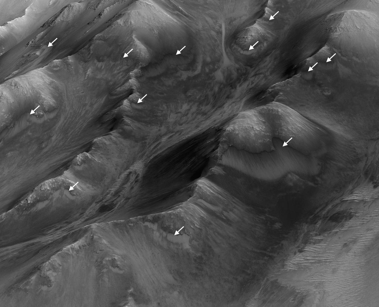 The white arrows indicate locations in this scene where numerous seasonal dark streaks have been identified in the Coprates Montes area of Mars' Valles Marineris by repeated observations from orbit.  The streaks, called recurring slope lineae or RSL, extend downslope during a warm season, fade in the colder part of the year, and repeat the process the next Martian year. They are regarded as the strongest evidence for the possibility of liquid water on the surface of modern Mars.  This oblique perspective for this view uses a three-dimensional terrain model derived from a stereo pair of observations by the High Resolution Imaging Science Experiment (HiRISE) camera on NASA's Mars Reconnaissance Orbiter. The scene covers an area approximately 1.6 miles (2.5 kilometers) wide.   http://photojournal.jpl.nasa.gov/catalog/PIA20757