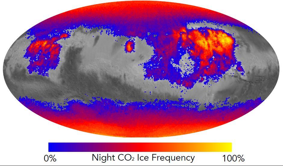 This map shows the frequency of carbon dioxide frost's presence at sunrise on Mars, as a percentage of days year-round. Carbon dioxide ice more often covers the ground at night in some mid-latitude regions than in polar regions, where it is generally absent for much of summer and fall.  Color coding is based on data from the Mars Climate Sounder instrument on NASA's Mars Reconnaissance Orbiter. A color-key bar below the map shows how colors correspond to frequencies. Yellow indicates high frequencies, identifying areas where carbon dioxide ice is present on the ground at night during most of the year. Blue identifies areas where it is rarely present; red is intermediate. Areas without color coding are regions where carbon dioxide frost is not detected at any time of year.  The areas with highest frequency of overnight carbon dioxide frost correspond to regions with surfaces of loose dust, which do not retain heat well, compared to rockier areas. Those areas also have some of the highest mid-afternoon temperatures on the planet. The dust surface heats up and cools off rapidly.  http://photojournal.jpl.nasa.gov/catalog/PIA20758