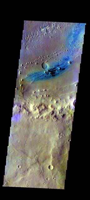 The THEMIS VIS camera contains 5 filters. The data from different filters can be combined in multiple ways to create a false color image. These false color images may reveal subtle variations of the surface not easily identified in a single band image. Today's false color image shows part of the floor of Vernal Crater. Dark blue in this band configuration often indicates sand or basaltic materials.  Orbit Number: 39099 Latitude: 5.48217 Longitude: 355.532 Instrument: VIS Captured: 2010-10-07 18:17  http://photojournal.jpl.nasa.gov/catalog/PIA20768