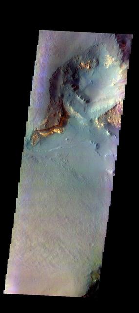 The THEMIS camera contains 5 filters. The data from different filters can be combined in multiple ways to create a false color image. This image from NASA 2001 Mars Odyssey spacecraft shows part of Capri Mensa. Orbit Number: 39326 Latitude: -14.169 Longitude: 312.852 Instrument: VIS Captured: 2010-10-26 09:01 http://photojournal.jpl.nasa.gov/catalog/PIA20769