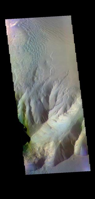 The THEMIS VIS camera contains 5 filters. The data from different filters can be combined in multiple ways to create a false color image. These false color images may reveal subtle variations of the surface not easily identified in a single band image. Today's false color image shows part of Juventae Chasma. Dunes are visible on the floor of the chasma. Orbit Number: 64372 Latitude: -5.09926 Longitude: 297.062 Instrument: VIS Captured: 2016-06-18 05:03 http://photojournal.jpl.nasa.gov/catalog/PIA20786