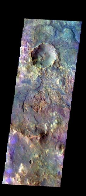 The THEMIS camera contains 5 filters. The data from different filters can be combined in multiple ways to create a false color image. These false color images may reveal subtle variations of the surface not easily identified in a single band image. Today's false color image shows some of the plains of Sabaea Terra. Orbit Number: 41618 Latitude: -23.3082 Longitude: 70.4753 Instrument: VIS Captured: 2011-05-03 02:21 http://photojournal.jpl.nasa.gov/catalog/PIA20790