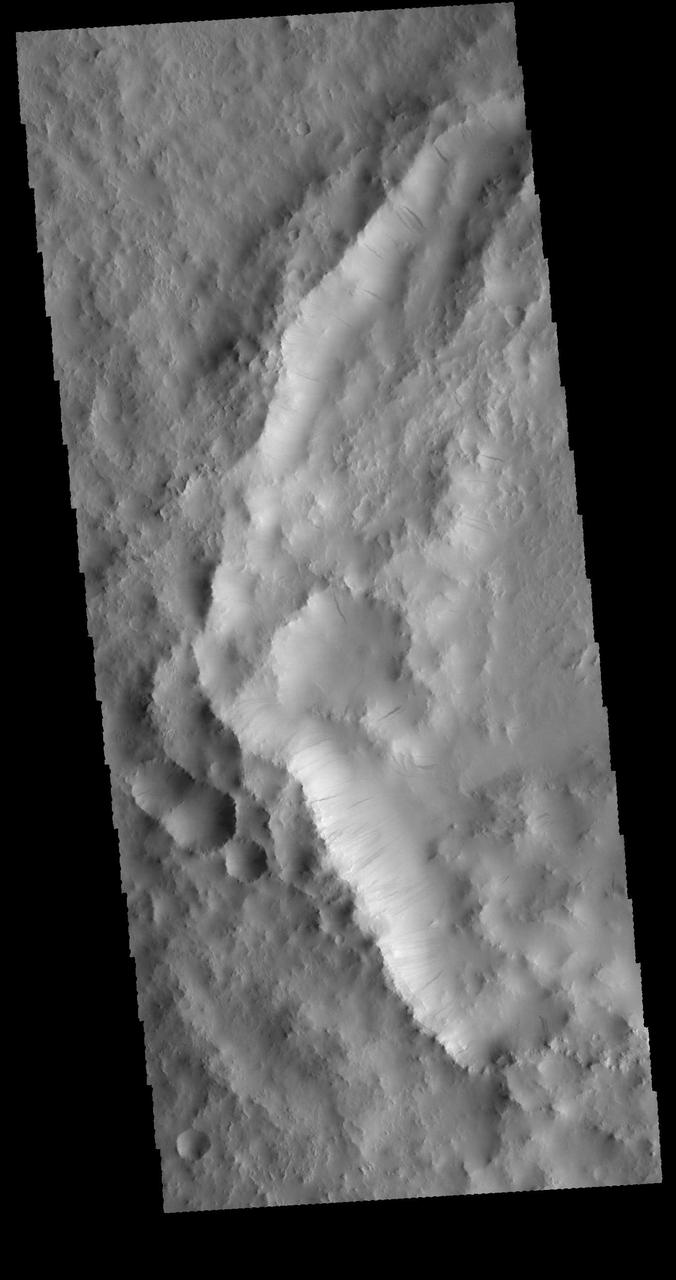 This image captured by NASA 2001 Mars Odyssey spacecraft shows part of an unnamed crater in Arabia Terra. The inner rim of the crater has numerous dark streaks. It is possible that these features form due to downslope material motion revealing the darker rock beneath the surface dust coating. Orbit Number: 64394 Latitude: 19.6731 Longitude: 18.8573 Instrument: VIS Captured: 2016-06-20 00:41 http://photojournal.jpl.nasa.gov/catalog/PIA20809
