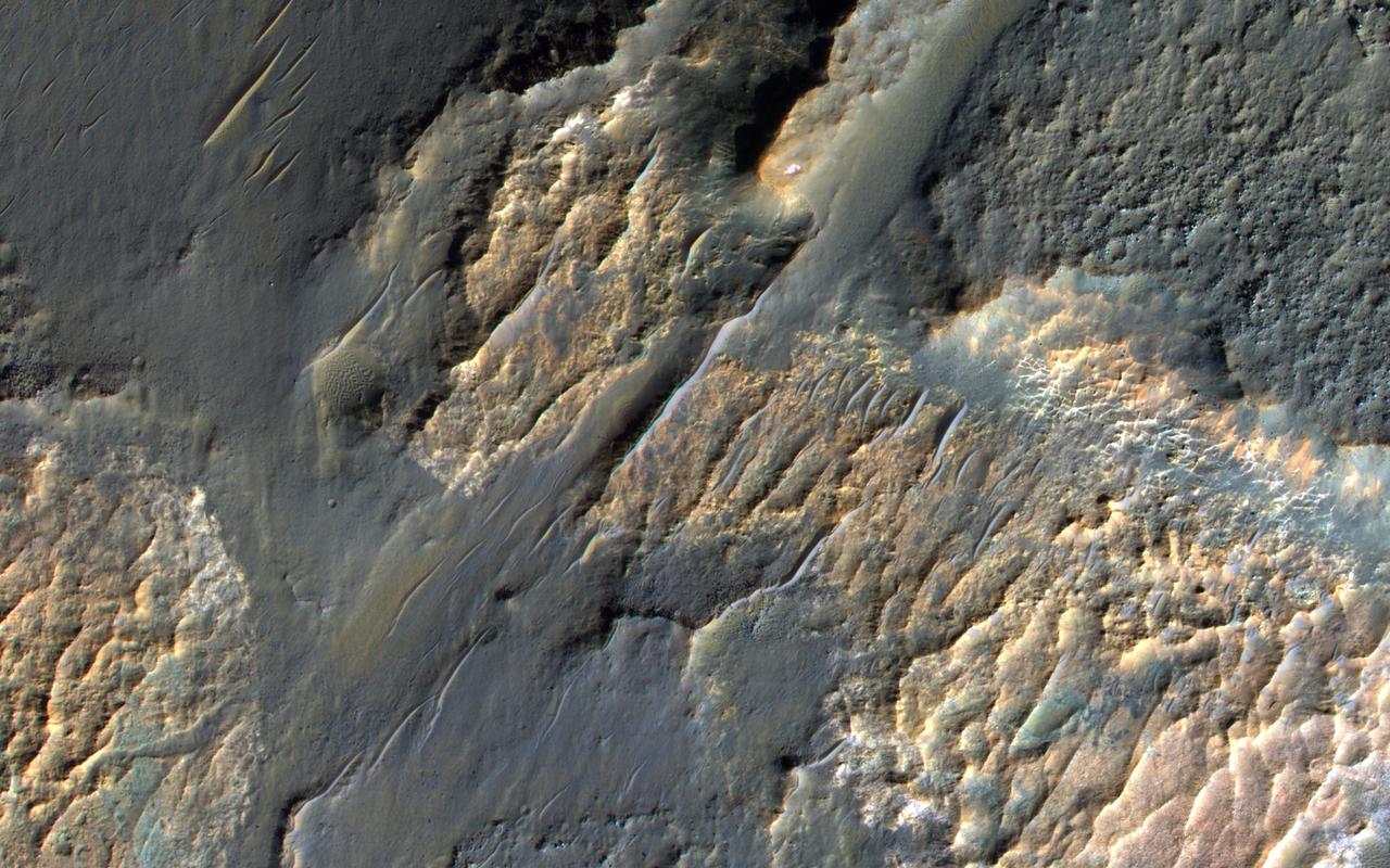 In February 1917, Albert Einstein wrote in a letter: "It is a pity that we do not live on Mars and just observe man's nasty antics by telescope." We do have a telescope at Mars, but we use it to image Mars rather than Earth, such as this image of bizarre landforms in Gorgonum Basin. This basin may have contained an ancient lake, with channels draining into the lake from the sides. After sediments are deposited, they become hardened to varying degrees, then eroded by the wind. More hardened bedrock will remain as high-standing topography following erosion of the weaker materials, perhaps inverting the initial forms. For example, high-standing linear or meandering topography may have been fluvial channels. The enhanced-color cutout shows some of the bedrock as well as dark sand. http://photojournal.jpl.nasa.gov/catalog/PIA20811