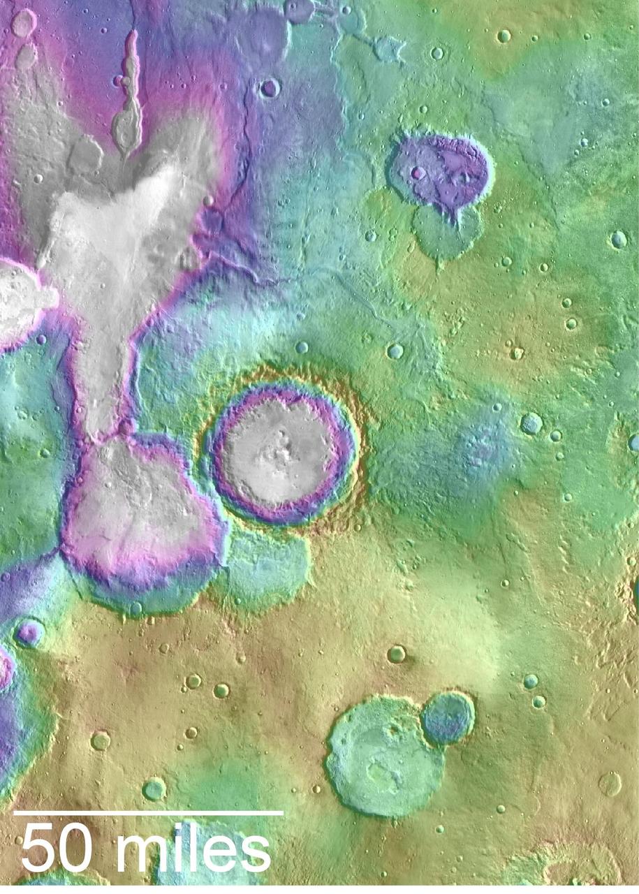 Valleys younger than better-known ancient valley networks on Mars are evident on the landscape in the northern Arabia Terra region of Mars, particularly in the area mapped here with color-coded topographical information overlaid onto a photo mosaic. The area includes a basin informally named "Heart Lake" at upper left (northwest). Data from the Mars Orbiter Laser Altimeter (MOLA) on NASA's Mars Global Surveyor orbiter are coded here as white and purple for lower elevations, yellow for higher elevation. The elevation information is combined with a mosaic of images from the Thermal Emission Imaging System (THEMIS) camera on NASA's Mars Odyssey orbiter, covering an area about 120 miles (about 190 kilometers) wide. The mapped area is centered near 35.91 degrees north latitude, 1 degree east longitude on Mars. These lakes and streams held water several hundred million years after better-known ancient lake environments on Mars, according to 2016 findings. http://photojournal.jpl.nasa.gov/catalog/PIA20838