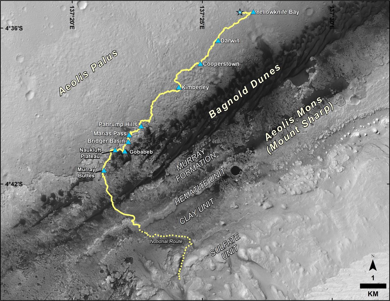 This map shows the route driven by NASA's Curiosity Mars rover from the location where it landed in August 2012 to its location in September 2016 at "Murray Buttes," and the path planned for reaching destinations at "Hematite Unit" and "Clay Unit" on lower Mount Sharp.  Blue triangles mark waypoints investigated by Curiosity during the rover's two-year prime mission and first two-year extended mission. The Hematite Unit and Clay Unit are key destinations for the second two-year extension, through September 2018.  The base image for the map is from the High Resolution Imaging Science Experiment (HiRISE) camera on NASA's Mars Reconnaissance Orbiter. North is up. Bagnold Dunes form a band of dark, wind-blown material at the foot of Mount Sharp.  http://photojournal.jpl.nasa.gov/catalog/PIA20846