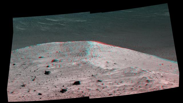 This stereo scene from NASA's Mars Exploration Rover Opportunity shows "Spirit Mound" overlooking the floor of Endeavour Crater. The mound stands near the eastern end of "Bitterroot Valley" on the western rim of the crater, and this view faces eastward.  The image combines views from the left eye and right eye of the rover's panoramic camera (Pancam) to appear three-dimensional when seen through blue-red glasses with the red lens on the left. The component images were taken on Sept. 21, 2016, during the 4,501st Martian day, or sol, of Opportunity's work on Mars  For scale, the two rocks at lower center are each about 8 inches (about 20 centimeters) across. At the mound's crest line, the image covers an area about 28 feet (about 8.5 meters) wide.  The informal name the rover's science team chose for this feature refers to Spirit Mound in South Dakota. The team is using names of sites visited by the Lewis and Clark Expedition as informal names for features in Mars' Bitterroot Valley (named for a valley that the expedition visited in Montana).  http://photojournal.jpl.nasa.gov/catalog/PIA20853