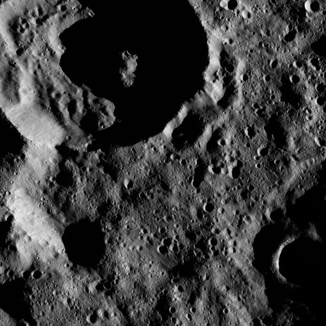 Terrain shown in this view from Ceres lies within the large, southern hemisphere impact basin named Zadeni (80 miles, 129 kilometers across).  NASA's Dawn spacecraft took this image on June 17, 2016, from its low-altitude mapping orbit, at a distance of about 240 miles (385 kilometers) above the surface. The image resolution is 120 feet (35 meters) per pixel.  http://photojournal.jpl.nasa.gov/catalog/PIA20859