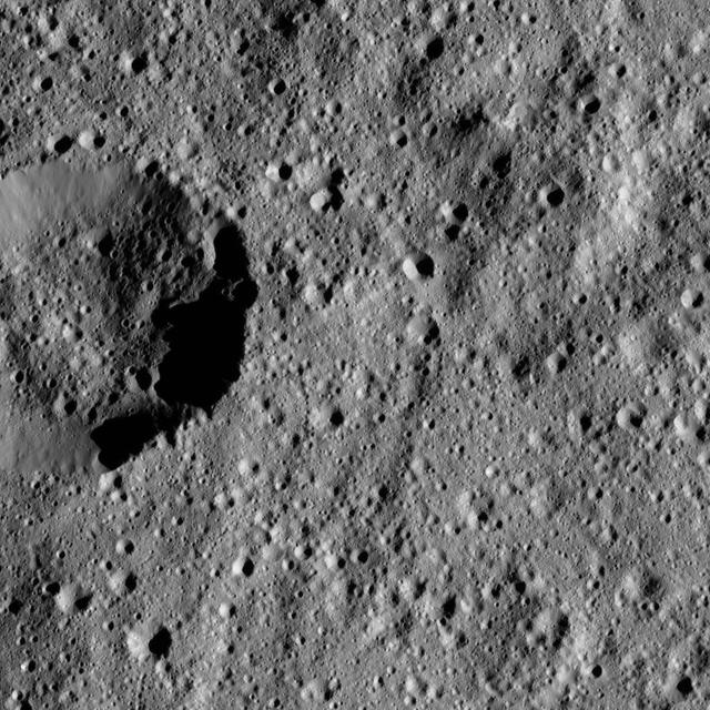 This view from NASA's Dawn spacecraft shows terrain on Ceres centered at approximately 37 degrees south latitude, 51 degrees east longitude.  Dawn took this image on May 27, 2016, from its low-altitude mapping orbit, at a distance of about 240 miles (385 kilometers) above the surface. The image resolution is 120 feet (35 meters) per pixel.  http://photojournal.jpl.nasa.gov/catalog/PIA20873