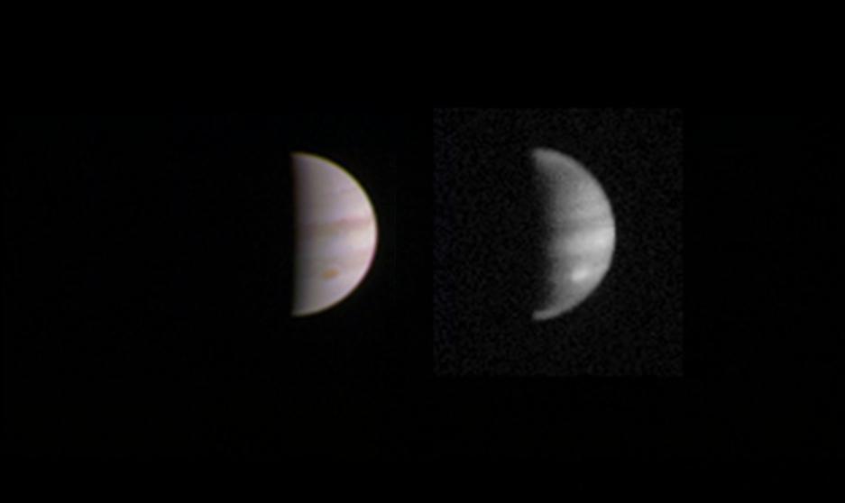 This dual view of Jupiter was taken on August 23, when NASA's Juno spacecraft was 2.8 million miles (4.4 million kilometers) from the gas giant planet on the inbound leg of its initial 53.5-day capture orbit.  The image on the left is a color composite taken with Junocam's visible red, green, and blue filters. The image on the right was also taken by JunoCam, but uses the camera's infrared filter, which is sensitive to the abundance of methane in the atmosphere. Bright features like the planet's Great Red Spot are higher in the atmosphere, and so have less of their light absorbed by the methane.  http://photojournal.jpl.nasa.gov/catalog/PIA20884