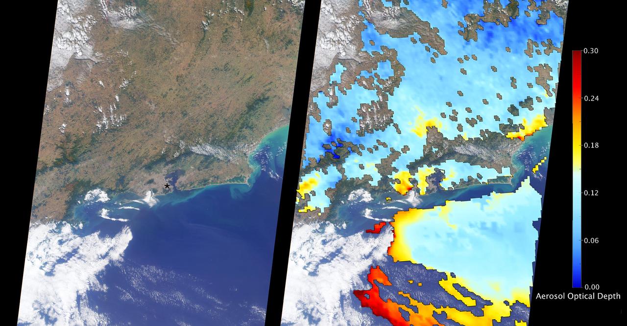 The Multi-angle Imaging SpectroRadiometer (MISR) instrument aboard NASA's Terra satellite passed directly over Rio de Janeiro, Brazil, on Aug. 2, 2016, just prior to the opening of the Summer Olympic Games. On the left is an image from MISR's nadir (downward-looking) camera; the width of the image is 235 miles (378 kilometers), and Rio de Janeiro is visible as the large gray area on the coast in the center. The black asterisk marks the location of the Maracanã Stadium in downtown, where the opening ceremonies were held.  In the weeks leading up to the Aug. 5 opening ceremonies in Rio de Janeiro, there have been reports of elevated levels of particulate matter in the region. Particulate matter refers to tiny airborne droplets or pieces of soot and dust that can end up in the lungs, comprising an all-too-common problem for many cities around the world.  MISR data are routinely used to estimate the amount of air pollution via measurements of aerosol optical depth, which is a measure of how much incoming light from the sun is blocked by particles in the atmosphere. On the right, a map of aerosol optical depth is superimposed on the image. Individual squares making up this map measure 2.7 miles (4.4 kilometers) on a side, and holes in the map occur where an aerosol amount could not be determined, such as where clouds are present. Optical depth over Rio is slightly elevated compared to its surroundings, most likely due to the presence of air pollution, with values from 0.15-0.25. For reference, an optical depth of 0.2 corresponds to light haze.  The product shown here is a prototype of a new version of the MISR aerosol product to be publicly released in the near future, and increases the spatial resolution of the aerosol information by a factor of 16 compared to the currently available product, making it possible to observe the fine details of optical depth over urban areas.  These data were captured during Terra orbit 88426.  http://photojournal.jpl.nasa.gov/catalog/PIA20885