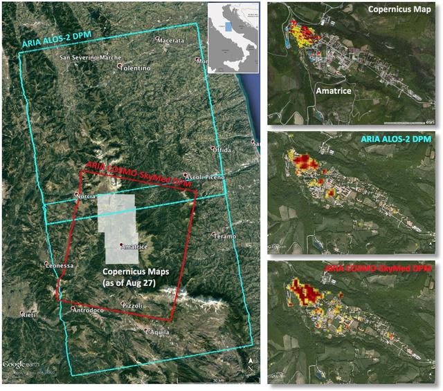 Italy earthquake. The quake has caused significant damage in the historic town of Amatrice.  To assist in the disaster response efforts, scientists at NASA's Jet Propulsion Laboratory, Pasadena, California, and the California Institute of Technology in Pasadena, in collaboration with the Italian Space Agency (ASI), generated this image of the earthquake's hardest-hit region.  The 40-by-75 mile (65-by-120 kilometer) Damage Proxy Map (DPM) was derived from two consecutive frames of the Japan Aerospace Exploration Agency's (JAXA's) L-band interferometric synthetic aperture radar (InSAR) data from the ALOS-2 satellite (cyan rectangles), and the 25-by-31 mile (40-by-50 kilometer) DPM was derived from InSAR data from the Agenzia Spaciale Italiana's (ASI's) X-band COSMO-SkyMed satellite (red rectangle). Both DPMs cover the historic town of Amatrice, revealing severe damage in the western side of the town (right panels). The time span of the data for the change is Jan. 27, 2016 to Aug. 24, 2016 for ALOS-2 and Aug. 20, 2016 to Aug. 28, 2016 for COSMO-SkyMed. Each pixel in the damage proxy map is about 100 feet (30 meters) across.  The SAR data were processed by the Advanced Rapid Imaging and Analysis (ARIA) team at JPL and Caltech. The technique uses a prototype algorithm to rapidly detect surface changes caused by natural or human-produced damage. The assessment technique is most sensitive to destruction of the built environment. When the radar images areas with little to no destruction, its image pixels are transparent. Increased opacity of the radar image pixels reflects damage, with areas in red reflecting the heaviest damage to cities and towns. The color variations from yellow to red indicate increasingly more significant ground surface change. Preliminary validation was done by comparing the DPMs to a damage assessment map produced by the Copernicus Emergency Management Service, which is based on visual inspection of before and after high-resolution aerial imagery -- the extent indicated with gray boxes in the left panel.  http://photojournal.jpl.nasa.gov/catalog/PIA20897