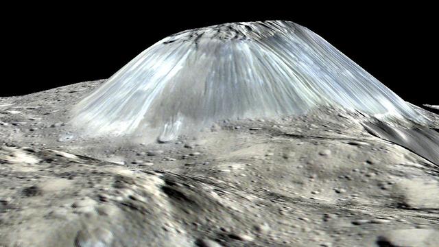 Ceres' lonely mountain, Ahuna Mons, is seen in this simulated perspective view. The elevation has been exaggerated by a factor of two. The view was made using enhanced-color images from NASA's Dawn mission. Images taken using blue (440 nanometers), green (750 nanometers) and infrared (960 nanometers) spectral filters were combined to create the view. The spacecraft's framing camera took the images from Dawn's low-altitude mapping orbit, from an altitude of 240 miles (385 kilometers) in August 2016. The resolution of the component images is 120 feet (35 meters) per pixel. http://photojournal.jpl.nasa.gov/catalog/PIA20915