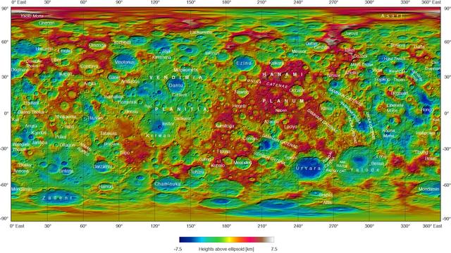 This topographical map of Ceres, made with images from NASA's Dawn spacecraft, shows all of the dwarf planet's named features as of September 2016. Dawn celebrated nine years since launch on September 27, 2016. To date, more than 110 places on Ceres have been named. These include craters such as Occator Crater, home of the brightest areas on the dwarf planet, as well as crater chains called catenae, mountains such as Ahuna Mons, and other geological features Among the most recently named features is Kwanzaa Tholus, named after the African-American winter holiday Kwanzaa, which is based on ancient African harvest festivals. A tholus is a small dome-shaped mountain or hill. There are a total of seven tholi named on Ceres. The latest list of features on Ceres can be found at the USGS Planetary Nomenclature website. http://photojournal.jpl.nasa.gov/catalog/PIA20918